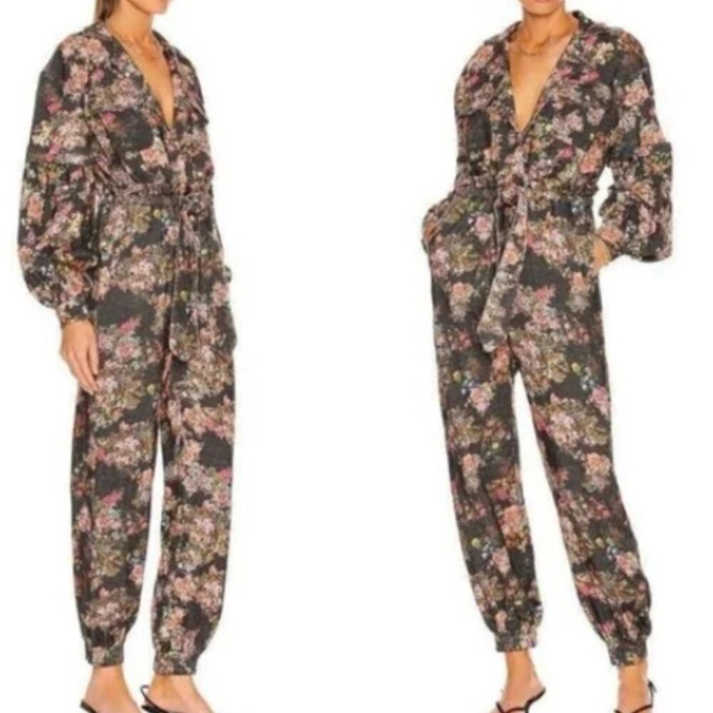 ROCOCO SAND Jane Floral Knit One Piece Jumpsuit Tie Waist Balloon Sleeves Size S